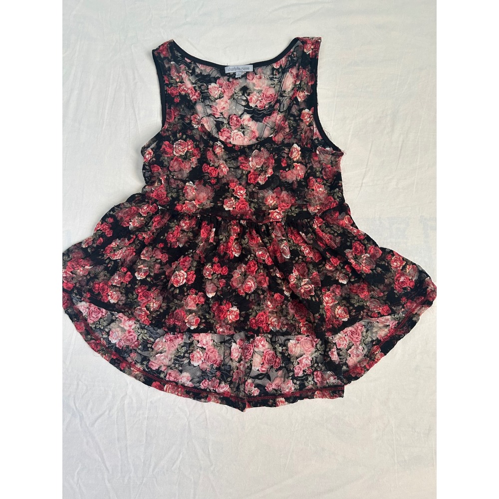 Charlotte Russe Floral Lace Peplum Top Black Pink Rose Sleeveless Babydoll Small